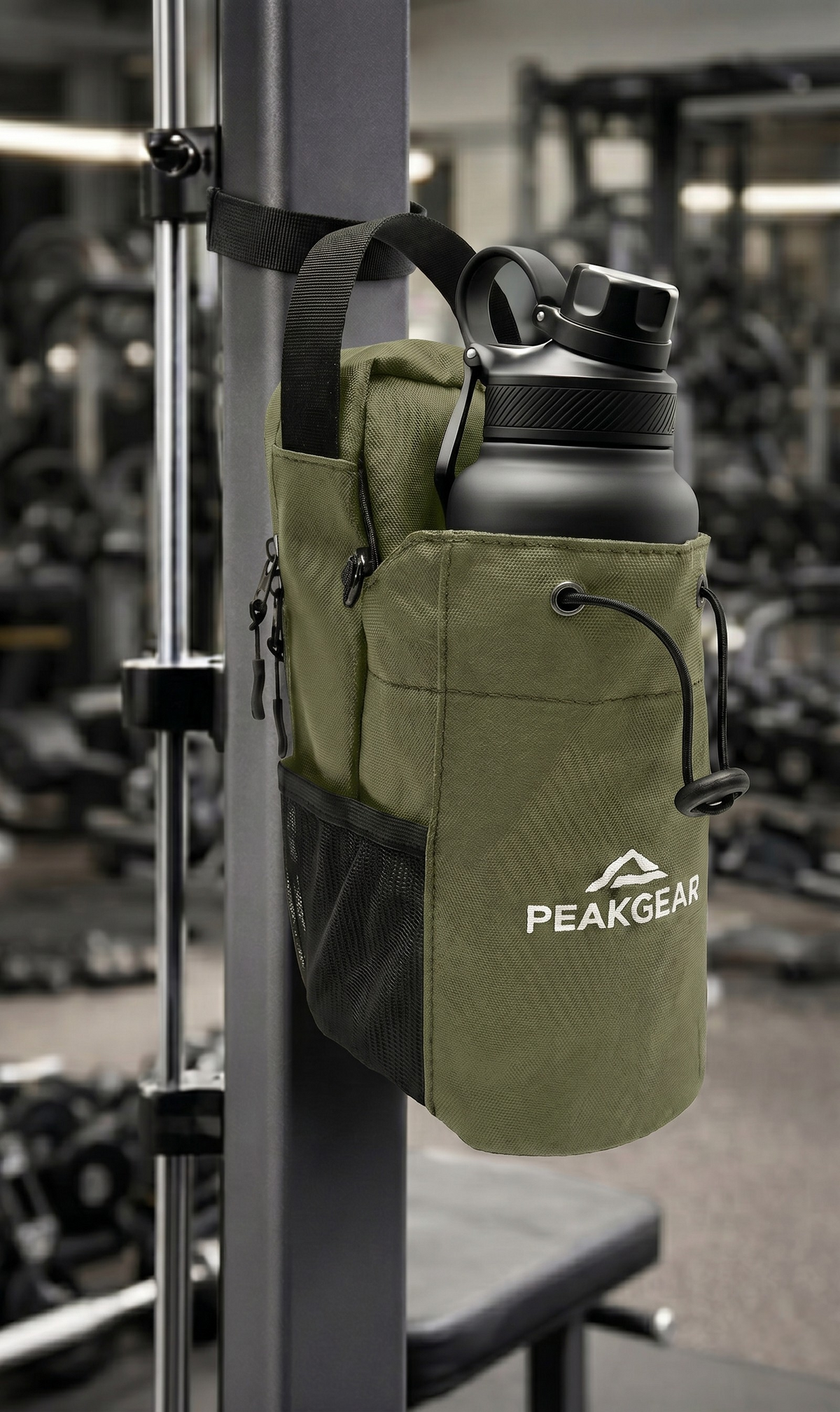 Geantă fitness PEAKGEAR verde cu suport pentru telefon și sticlă